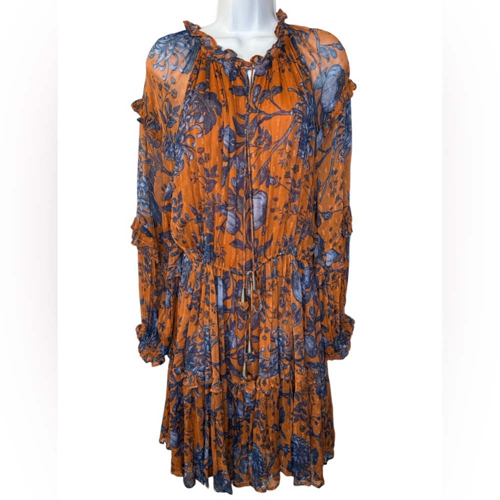 Scarlett Poppies Rust Dress Full Sleeve Viscose Sheer Bohemian Hip Chic Large